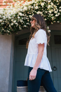 White Peplum Dark Denim Hello It's LOH, Lejla Hasanovic, Arnel Hasanovic, Madewell Peplum Top, Dark Denim Jeans, Citizens Of Humanity Rocket Nordstrom, Shopbop Jeans, Mar Y Sol Straw Tote