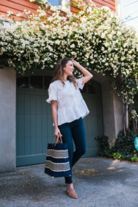 White Peplum Dark Denim Hello It's LOH, Lejla Hasanovic, Arnel Hasanovic, Madewell Peplum Top, Dark Denim Jeans, Citizens Of Humanity Rocket Nordstrom, Shopbop Jeans, Mar Y Sol Straw Tote