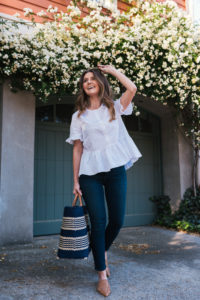 White Peplum Dark Denim Hello It's LOH, Lejla Hasanovic, Arnel Hasanovic, Madewell Peplum Top, Dark Denim Jeans, Citizens Of Humanity Rocket Nordstrom, Shopbop Jeans, Mar Y Sol Straw Tote