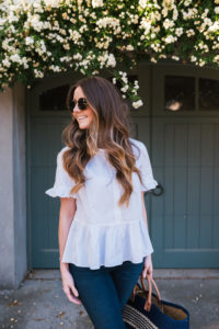 White Peplum Dark Denim Hello It's LOH, Lejla Hasanovic, Arnel Hasanovic, Madewell Peplum Top, Dark Denim Jeans, Citizens Of Humanity Rocket Nordstrom, Shopbop Jeans, Mar Y Sol Straw Tote