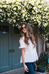 White Peplum Dark Denim Hello It's LOH, Lejla Hasanovic, Arnel Hasanovic, Madewell Peplum Top, Dark Denim Jeans, Citizens Of Humanity Rocket Nordstrom, Shopbop Jeans, Mar Y Sol Straw Tote