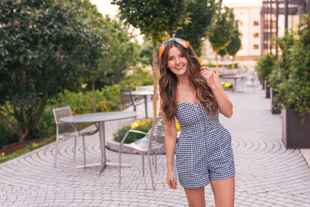 Hello It's LOH, Lejla Hasanovic, Abercrombie Gingham Romper, Ann Taylor Silk Scarf, Summer Style, Atlanta Blogger, Ponce City Market, Lace Up Sandals, J.Crew, Silk Scarf, Head Band, Gingham Top