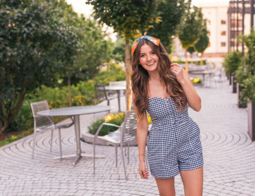 Hello It's LOH, Lejla Hasanovic, Abercrombie Gingham Romper, Ann Taylor Silk Scarf, Summer Style, Atlanta Blogger, Ponce City Market, Lace Up Sandals, J.Crew, Silk Scarf, Head Band, Gingham Top