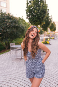 Hello It's LOH, Lejla Hasanovic, Abercrombie Gingham Romper, Ann Taylor Silk Scarf, Summer Style, Atlanta Blogger, Ponce City Market, Lace Up Sandals, J.Crew, Silk Scarf, Head Band, Gingham Top