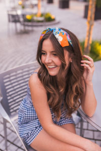 Hello It's LOH, Lejla Hasanovic, Abercrombie Gingham Romper, Ann Taylor Silk Scarf, Summer Style, Atlanta Blogger, Ponce City Market, Lace Up Sandals, J.Crew, Silk Scarf, Head Band, Gingham Top
