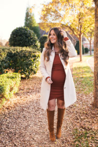 J.Crew Lady Coat, Leith Dress, Sezane Suede Boots, David Yurman Jewelry