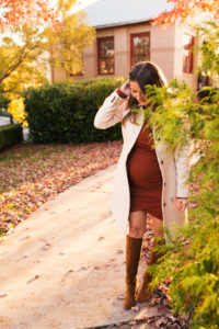 J.Crew Lady Coat, Leith Dress, Sezane Suede Boots, David Yurman Jewelry